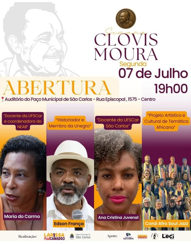 Convite para a abertura da Semana Clóvis Moura – 07 de julho, às 19h, no Paço Municipal de São Carlos